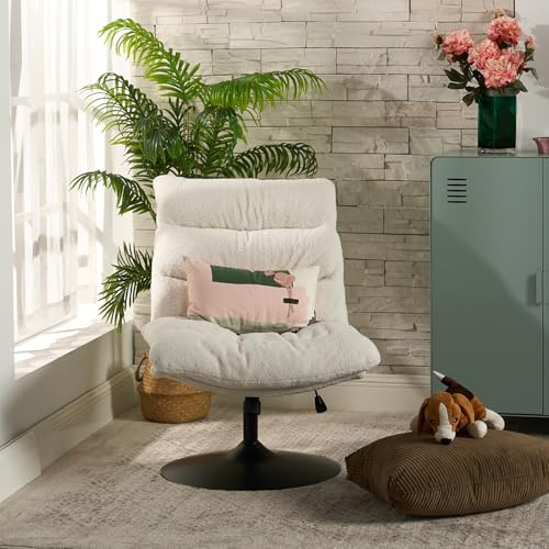 MEUBLE Cosy Sillón Giratoria 360° Butaca de Salón Función de Inclinación con Asiento Grueso Respaldo sin Reposabrazos en Tela de Bucle Blanco