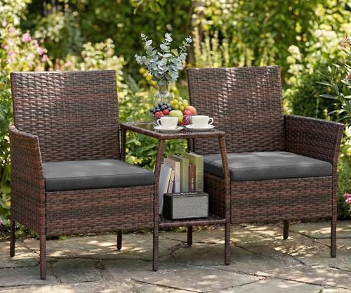 UDPATIO Trädgårdsbänk, väderbeständig, 2-sitsig med integrerat bord, polyrattan sittbänk med förvaringsutrymme, balkongbänk, sittgrupp, utomhus, gator, grå