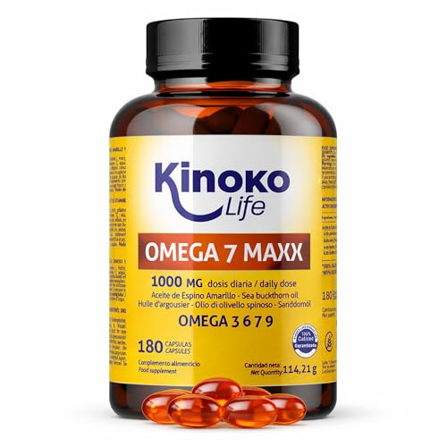 OMEGA 7 MAXX 180 Cápsulas (3 Meses) Aceite de Espino Amarillo 1000 mg Dosis Diaria (500 mg/Cápsula) Omega 3 6 7 9 + Vitamina E Piel y Mucosas Confort Ocular Natural y Sin Gluten