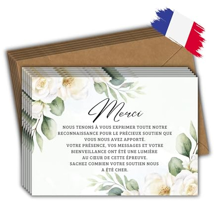 EVTI Lot de 25 cartes de remerciement deuil avec enveloppes craft, message de condoléances respectueux, remerciement deces papier premium 350 g, Entreprise Française, modèle Fleurs Élégant
