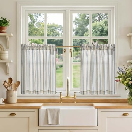 TOPICK Linen Look Kitchen Curtains, Cafe Curtains, W36 xL24 Blue Striped | 2 Panels Rod Pocket Light Filtering Curtains, Half Window Curtain 2 Drapes for Bedroom, Living Room, Cupboard Base, Sink