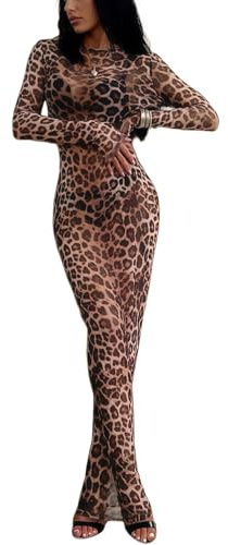 Femme Robe moulante léopard, robe guépard manches longues maille transparente et froncée, robes crayon basique longue ajustée col rond décontractée, robes extensible pour soirées cocktails et plage