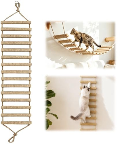 Taurion 180 cm kattstege, balkong: Massivt trä och sisalrep, kattstegsbro, vägg, 13 nivåer, katter, aktivitetsskrapträd, kattstege för kattvägg, hem, husdjursmöbler (kaki)