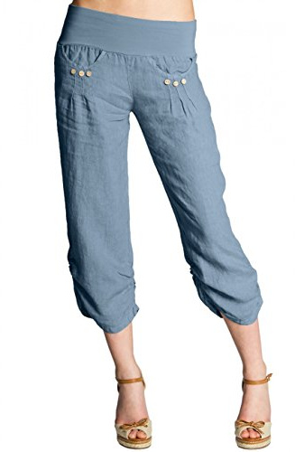 Caspar KHS017 Damen 3/4 Leinen Hose, Farbe:Jeans blau, Größe:XS - DE34 UK6 IT38 ES36 US4