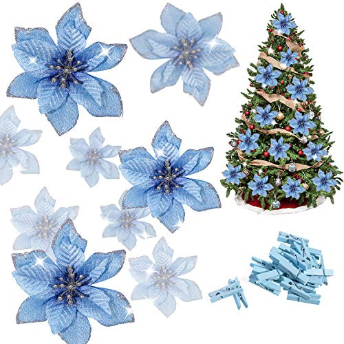 Whaline 24 st blå julstjärna konstgjorda julblommor med 24-pack klämmor, glitter julgransprydnader jul bröllopsfest dekor (13 x 13 cm)