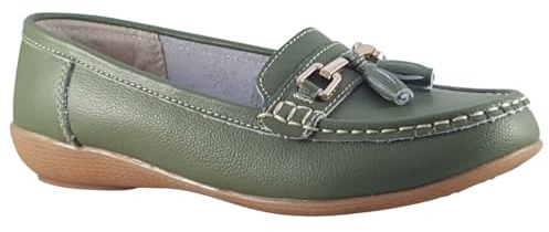 Jo & Joe Mocasines náuticos de piel para mujer, con borla plana, talla 7.5-8, suela de goma flexible con agarre, punta redonda, de enfundar, tacón de 1 pulgada, forro frío, liso, bajo, para uso cómodo