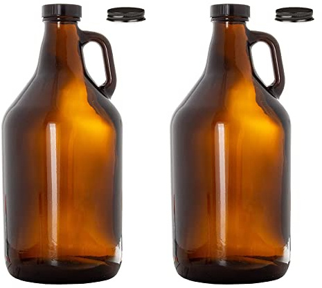 North Mountain Supply 1/2 Gallon (64 Ounces) Amber Glass Fermenting Jug with Handle, Black Polyseal Lid & Black Metal Lid - Set of 2