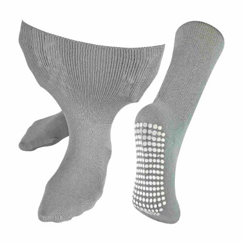 Strumpor utan gummiödem med halkfria noppor | män och kvinnor | Dr. Socks | Extra breda halkfria bambudiabetikerstrumpor för svullna fotled och fötter, GRÅ, 43-45 EU