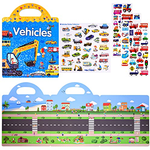 ASTARON Reusable 3D Puffy Sticker Book for Kids, 88 Pcs Cute Waterproof Vehicles Stickers, Puffy Sticker Game Travel Stickers and Educational Sensory Learning Toy（3-6 Age）
