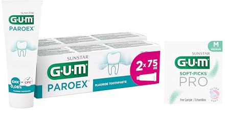 GUM PAROEX 0,06% Pflege-Zahnpasta | Zweifach-Antiplaque-System | beruhigt empfindliches Zahnfleisch | erhält gesundes erhält gesundes Zahnfleischgewebe | beugt Karies vor | 2 x 75 (mit 1 Gratisprobe)
