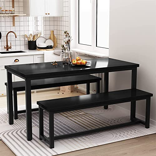 LinkRomat Dining Room Table Set with 2 Benches, Farmhouse Dining Table Set for 4-6, Wood Breakfast Table Set Dinner Table Set Kitchen Table and Chairs for Breakfast Nook Small Spaces, Black