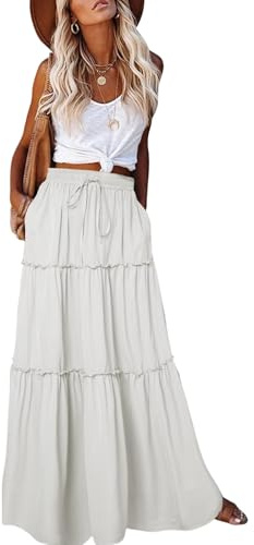 EARKOHA Womens Casual High Waist Tie Paisley Print Long Maxi Skirt with Pockets, Solid-White, XL