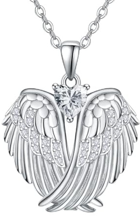 KINGWHYTE Collier ange gardien en argent sterling avec pendentif en forme d'ailes d'ange avec cœur en zircon, Argent sterling, Zircone cubique
