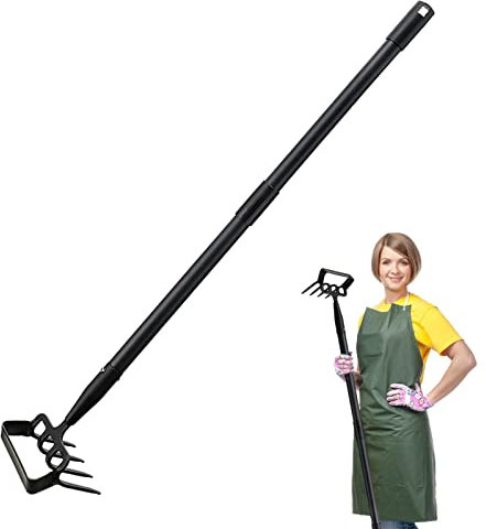 Rianpesn Râteau à jardin - En acier inoxydable - Avec long manche - Avec râteau pour désherber, couper et ameublir le sol