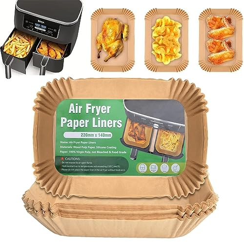 PALUDO 120 ST Airfryer Tillbehör Bakplåtspapper för Dubbel Luftfritös, 22x14 cm Rektangel Bakpapper Pergamentpapper för Airfryer Kompatibel med Ninja, Princess och Andra Luftfritös med Dubbla Zoner