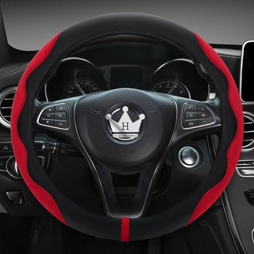 HighnessHwoo Luxury Alcantara Steering Wheel Cover for Cars, Soft Leather Padded Wheels Cover for Sedan, Suv, Auto Interior Accessories, Thin Car Handle Cover, Universal Fit, Anti Slip, 37-38cm, Red