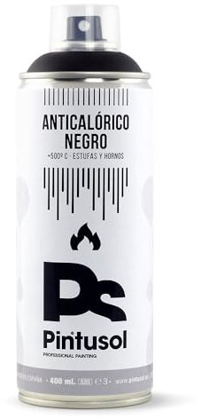 PINTUSOL Pintura Anticalórica Negra en Spray, Resistencia +500ºC, Acabado Mate, Alta Opacidad, Secado Rápido, Fácil Aplicación, Pintura Profesional Alta Temperatura Anti Calórica Espray 400ml