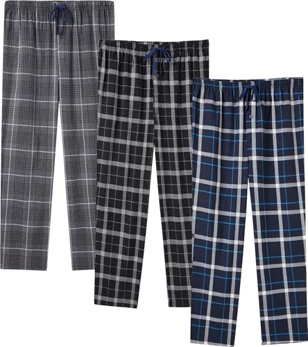 JupiterSecret Mens Pyjama Pants Set 100% Cotton Plaid Sleep & Lounge Pants, PJ Bottoms with Pockets and Button Fly
