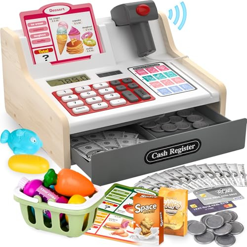 maysida Rechargeable Wooden Kids Cash Register with Scanner, Pretend Play Cash Register Toy with Fake Money, Food, Credit Card, Toddler Boys Girls Age 2-4 4-8