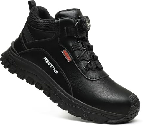 COOU Steel Toe Cap Boots Mens Non Slip Safety Shoes Women Lightweight Comfortable Work Boots with Swivel Buckle Shoelaces Black