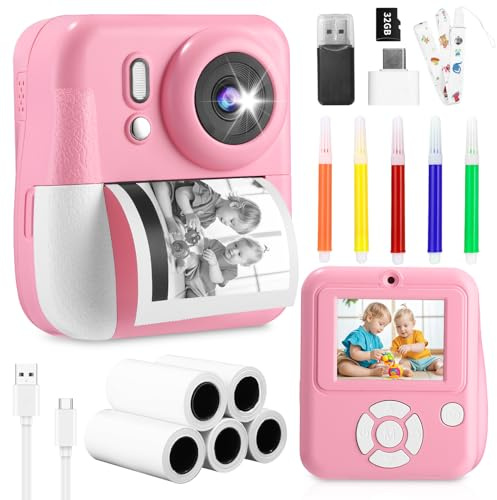 Appareil Photo Enfant Instantanée,1080P(Couleur Rose), 32GB Carte Mémoire, 6 x Papier d'impression, Cadeau pour Les Garçons et Les Filles 3-12 Ans
