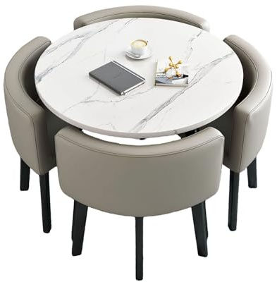 Köksmatbordsset med 4 Stolar, Bordsskiva i Konstmarmor med 4 PU-läderstolar, Kompakt Konferensbordsset, Modernt Receptionsbord för Mötesrum, Platsbesparande(Light gray)