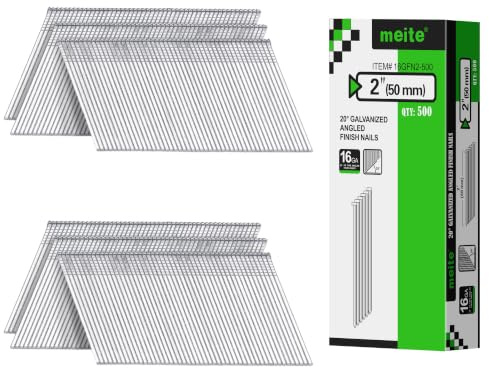 meite Vinklade huvudspikar, 16 g/50 mm, 20 graders galvaniserade – vinklade spikar för tryckluftspikar, perfekt för fönsterramar, möbelkonstruktion och gör-det-själv-projekt (500 stycken)