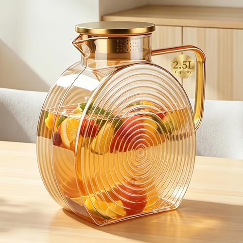XRXYMQ 2,5 l vattenkaraff borosilikatglas med lock i rostfritt stål champagne | Glaskaraff av borosilikatglas, för varma och kalla drycker, perfekt för iste och lämplig i kylskåpsdörren