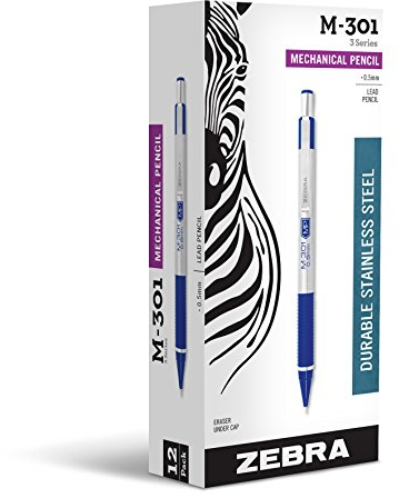Zebra Pen STEEL M-301 Blue Grip Mechanical Pencil, 0.5mm Fine Point, 12-Pk