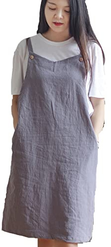 Tablier de cuisine réglable en forme de H style japonais coton lin 2 poches sangles