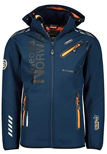 GEO NORWAY ROYAUTE MEN - Giacca Softshell Impermeabile Da Uomo - Cappuccio Giubbotto Traspirante Calda - Giacca Tattico Antivento Invernale - Ideale Attività All'aperto MARINA/ARANCIONE - XL