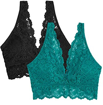 Smart & Sexy Women's 2-Pack Signature Lace Deep V Bralette Plunge Bra, Fanfare/Black Hue-2 Pack, XL (Pack of 2)
