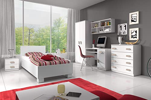 Fabryka Mebli Idźczak Kinderzimmer-Set Jonas I 01 - Schrank, Bett, Wandregal, Kommode, Schreibtisch, Nachttisch - Kleiderschrank - Skandinavischer Stil, Modern Design - Weiß/Sonoma