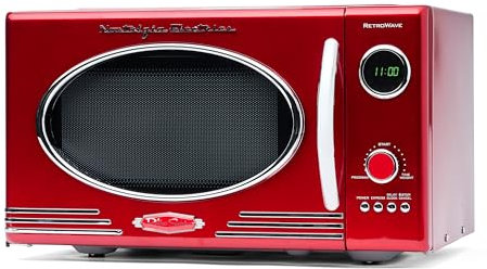Nostalgia Microondas Retro de Encimera - Gran Potencia de 800 Vatios - 25 Litros - 12 Programas de Cocción Preestablecidos - Reloj Digital - Electrodomésticos de Cocina - Rojo Metálico