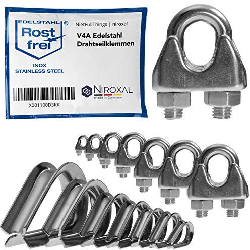 Abrazadera de cable de alambre inoxidable de 8 mm para alambre de 8 mm de diámetro, en juego con guardacabos a juego, de acero inoxidable V4A para cable de acero/cable de acero/cuerda de acero