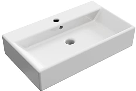 BAIKAL - Lavabo Cerámico sobre Encimera. Lavabo Recto en acabado Blanco Brillo. Medidas 61 x 36 x 13 cm. Con orificio para grifo. Envío con Embalaje Reforzado