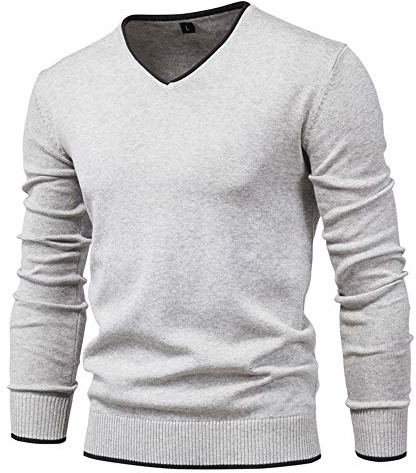 Feziakuk Pull en tricot pour homme - Col en V - Automne - Hiver - Manches longues - Basique - Pull d'hiver chaud - Pull de travail, gris, L