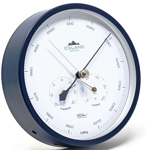 Fischer 1602-15 Wetterstation - Barometer mit Thermometer und Hygrometer, Edelstahlgehäuse, Island-Edition Stahlblau