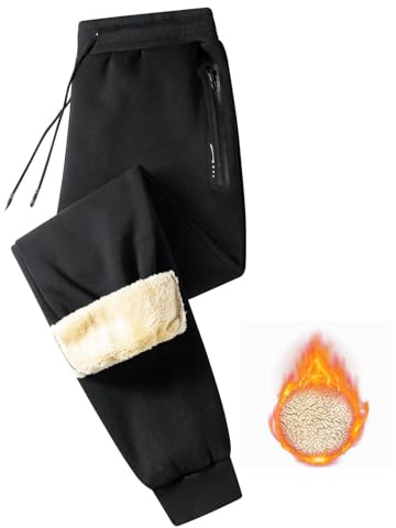 JustSun Pantalon Jogging Homme Polaire Hiver Coton Pantalon Chaud Pantalon de Survêtement Thermique Décontracté Doublé Sherpa Pantalons de Sport Sportswear avec Poches Zippées Noir XXL