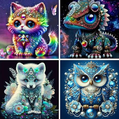 Doreenstar 4 Stück Tiere Diamond Painting 30x30 CM, 5D Diamant Painting Bilder Tiere, DIY Vollbohrer Diamant Malerei Set für Kinder Erwachsene Anfänger