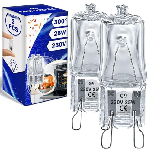 2 st halogenlampor för ugn, G9, 25 W, 230 V, 300 °C, med originalkod 00607291 607291 för Bosch, Siemens och Balay – MONTERAL