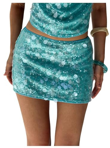 Floerns Women's Contrast Sequin Drop Waist Dancing Party Bodycon Mini Skirt Teal Blue X-Small