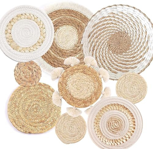 Hoite 9 Pcs Boho Wall Basket Set, Seagrass Rattan Boho Decor, Round Wall Art for Living Room Bedroom Dining Room