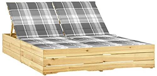 Bain de Soleil Double, Transat Jardin 2 Places en Pin Imprégné, Dossier Réglable avec Coussin, Relax Jardin Exterieur, pour Terrasse, Piscine, Balcon, Couleur Gris et Vert, 198 x 135 x (30-75) cm