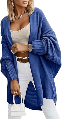 Saodimallsu Cardigan da Donna Manica Lunga Oversize Cardigan con Apertura Frontale Maglia Leggera Manica Lunga Cappotto Casual Elegante Monocromatico Pullover, Blu, M