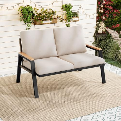 Merax Juego de muebles de jardín de 2 plazas, sofá exterior, sofá de jardín de acero galvanizado con reposabrazos de madera y plástico, muebles de balcón, sofá lounge para balcón, terraza, jardín