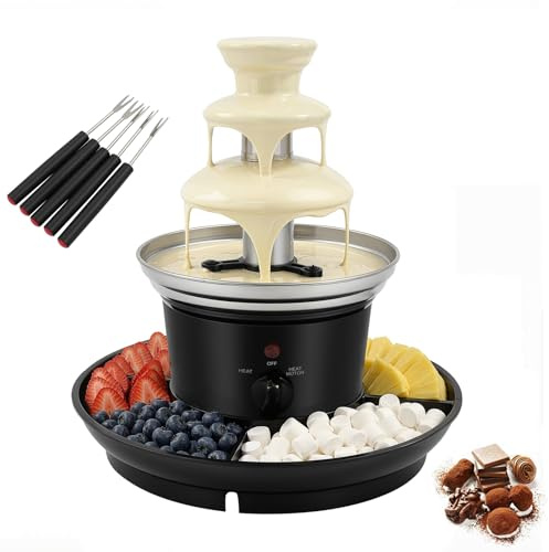 ROGONPDK Chokladfontän 25 W | Chokladfondue | 3-delad chokladfontän med matbricka | chokladfontän i rostfritt stål | svart | för familjefester, bröllop och födelsedagar