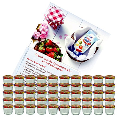 MamboCat 50er Set Sturzglas 230 ml Marmeladenglas Einmachglas Einweckglas To 82 Obst Dekor Deckel incl. Diamant-Zucker Gelierzauber Rezeptheft