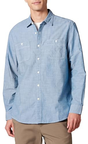 Amazon Essentials Camisa Chambray de Manga Larga y Ajuste Normal Hombre, Azul, L
