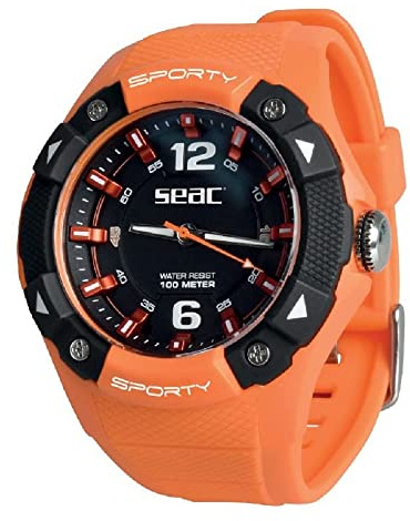 SEAC Sporty Reloj Agua asta 100 MT, Caja en Acero Inoxidable, resistiente Correa en Goma, Unisex-Adult, Anaranjado, estándar